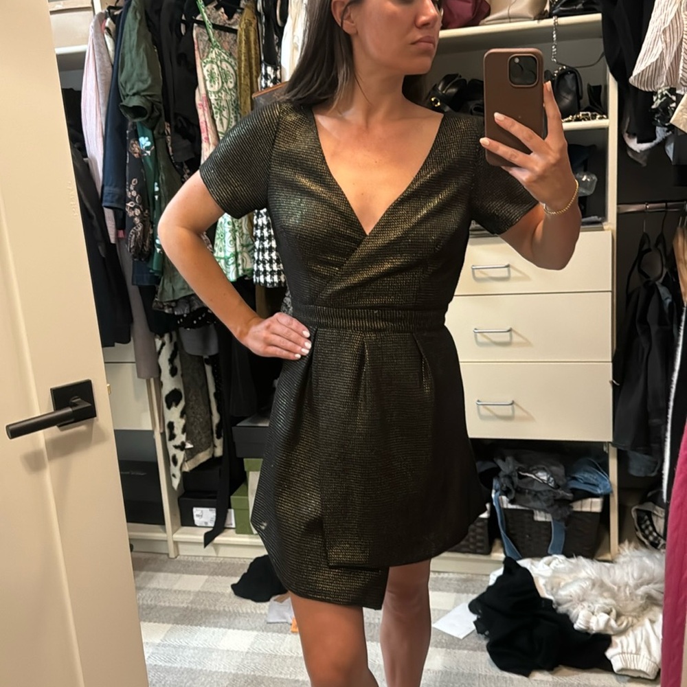 Gold metallic cap sleeve dress with open back